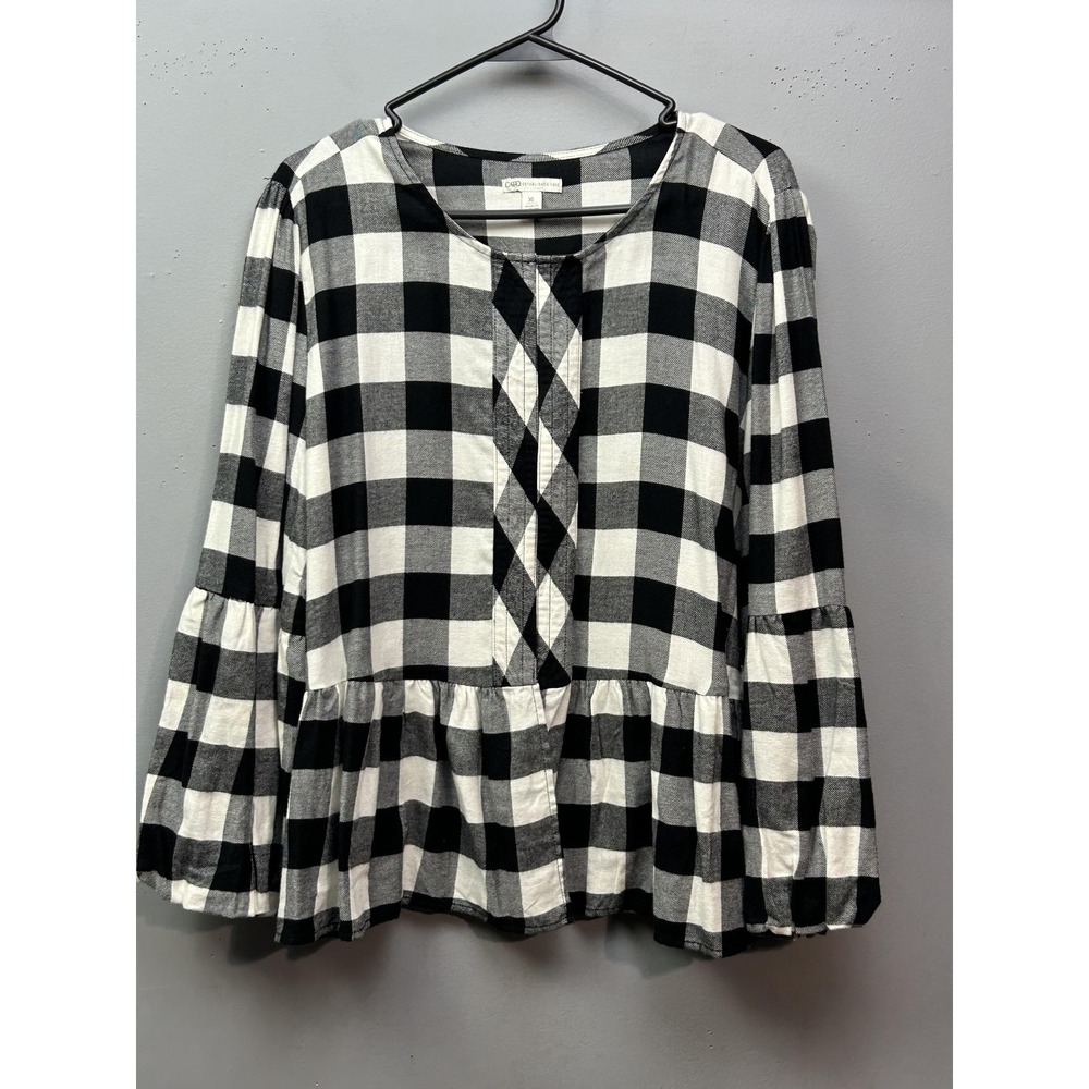 Cato Shirt Womens XL Black White Buffalo Check Peplum Bell Sleeve Cotton